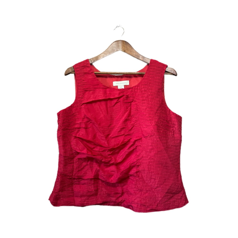 Appleseed's Silk Shell Top Women 12 Red Excellent Textured Ruched Sleeveless